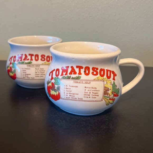 Set of 2 Vintage TOMATO SOUP Recipe Ceramic Soup Mugs Bowls ~ Country Kitchen - Picture 2 of 12